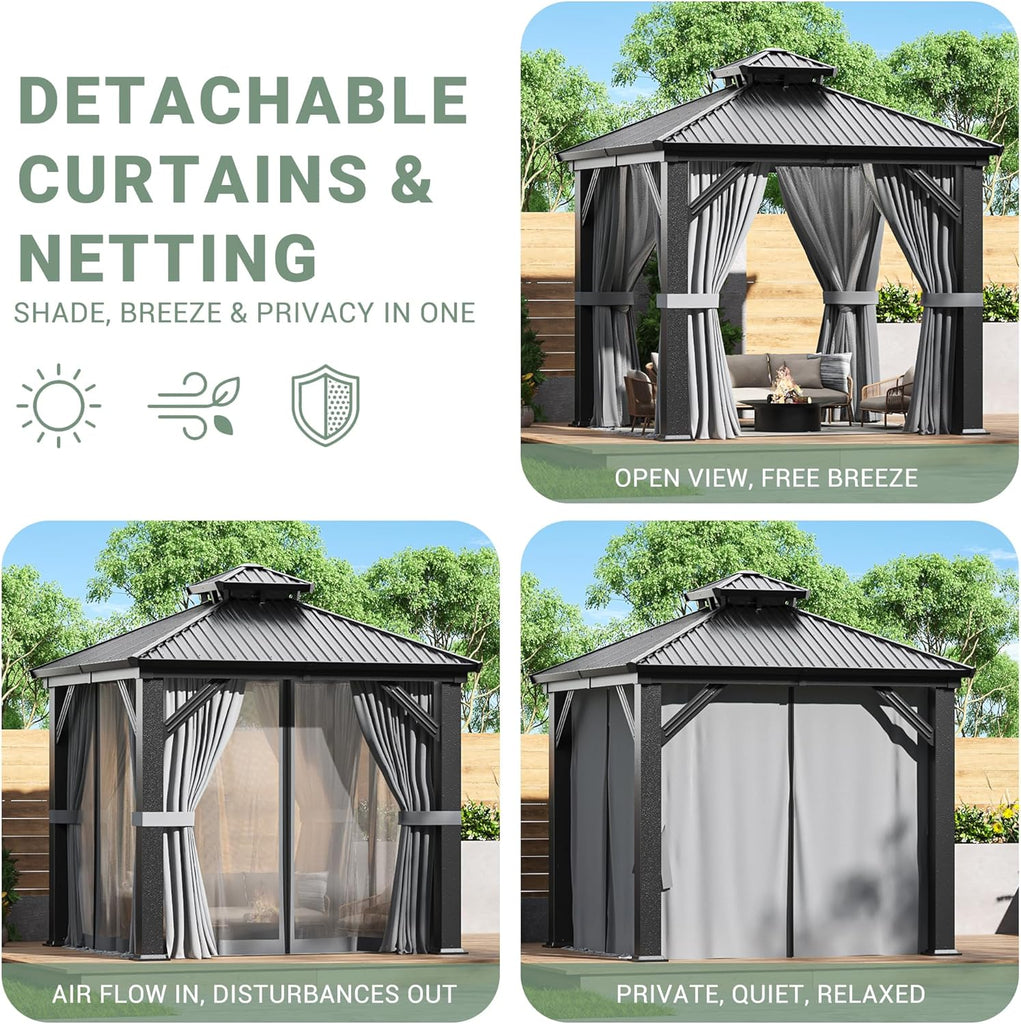 8'x8' Hardtop Aluminum Gazebo with Curtains & Netting Dark Gray | Heavy-Duty Aluminum Frame