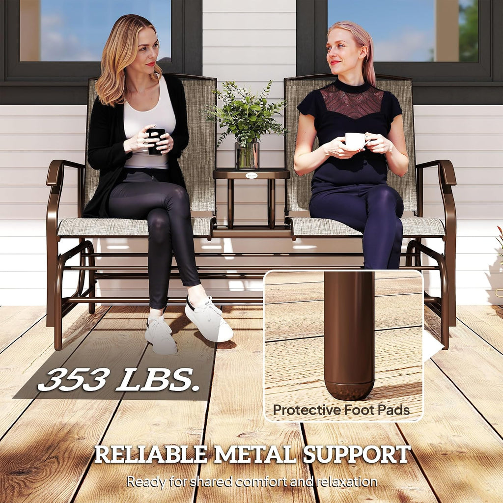 Outdoor Glider Bench with Center Table Metal Frame Armrests Brown | Patio Loveseat, Breathable Mesh Fabric, for