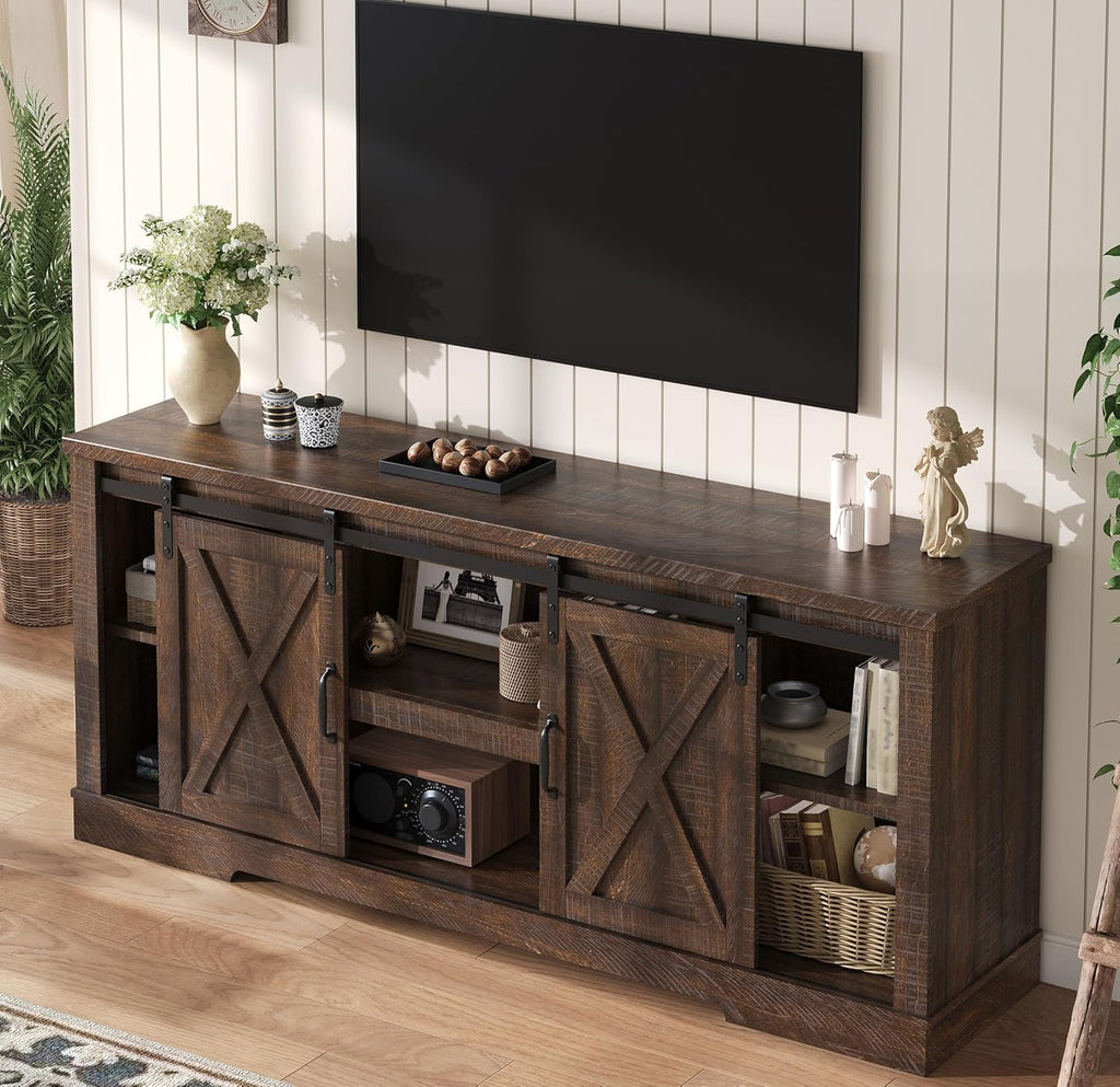 66" TV Stand for 65 Inch TV, Farmhouse Entertainment Center with Storage Cabinets and Adjustable Shelf & Feet, Modern