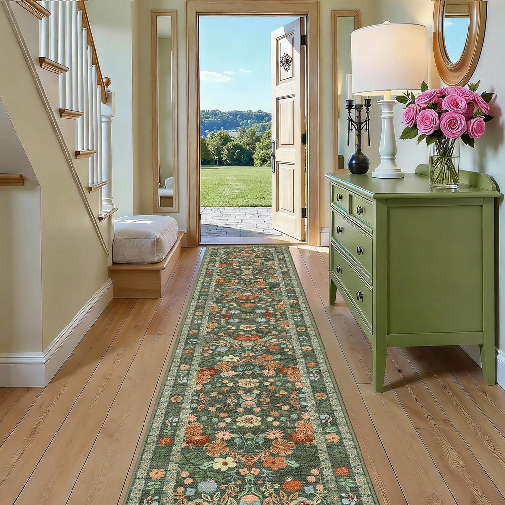 2x10 Extra Long Hallway Runner - Green Boho Washable Rug with Non-Slip Backing, Vintage Floral Low Pile Carpet