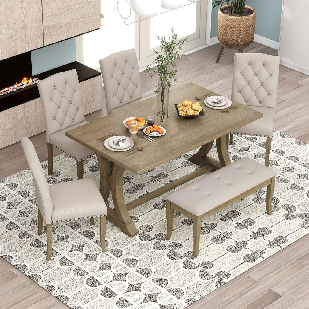 6-Piece Kitchen Dining Table Set, Farmhouse Dining Table Set with Rectangular Table and 4 Upholstered Chairs & Bench