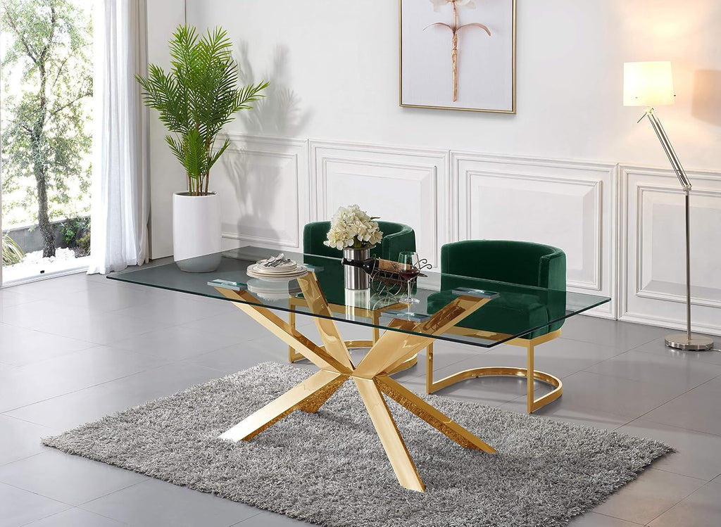 Modern, Contemporary Velvet Upholstered Dining Chair with Polished Gold Metal Frame, 24" W x 22" D