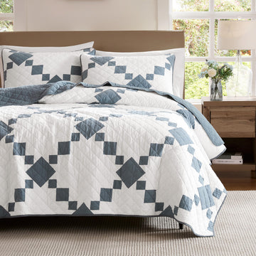 100% Cotton Quilt California, Oversized Lightweight Reversible Gingham Patchwork Bedding Set with 2