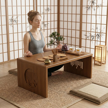 Japanese Floor Table, Bamboo Low Desk for Tea Meditation, Foldable No Assembly (Tray + Coaster(4ps) + Table (80cm))