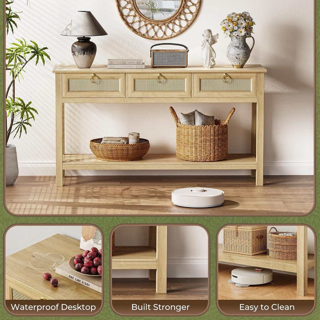 Rattan Console Sofa Table with Outlets and USB-C Port, 3 Drawer Entryway Table with Synthetic Rattan Surface, Open