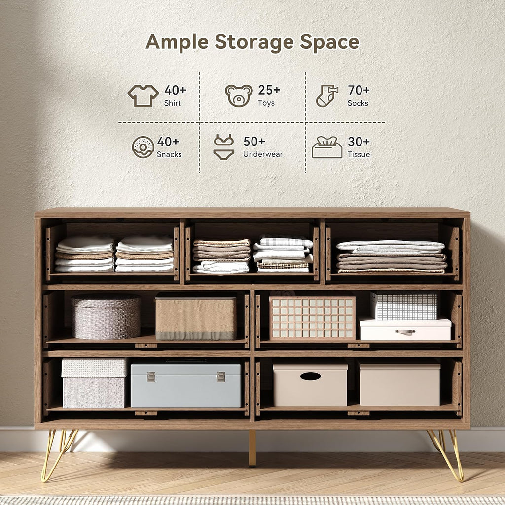 Fluted 7 Drawers Dresser , Wood Dressers with Scratch-Proof Golden Handles, Natural Curved Profile, Modern Chest
