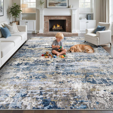 Area Rugs 9x12 for Living Room: Washable Rug Modern Abstract Neutral Soft Non-Slip Low-Pile Indoor L