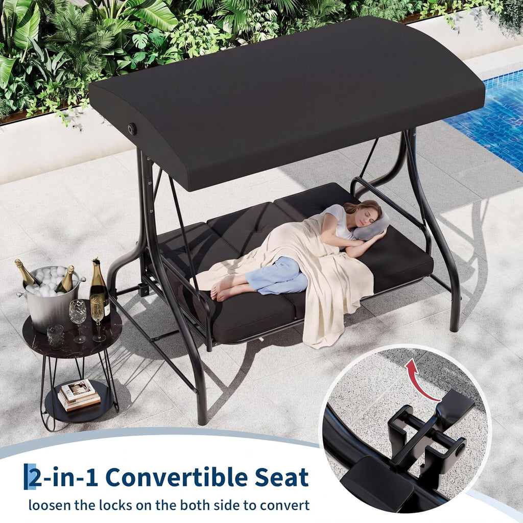 3-Seat Outdoor Porch Swing with Adjustable Canopy | Patio Swing Chair with Stand, 800 Lbs Heavy Duty Steel Frame