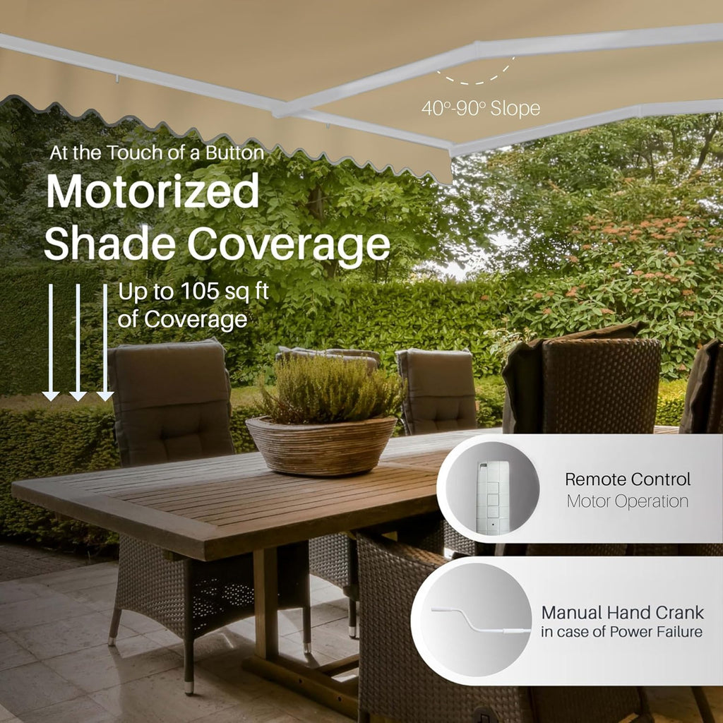 Electric Patio Awning Caribbean White Frame 12x10 Sand Beige | Retractable sunshade for decks and balconies