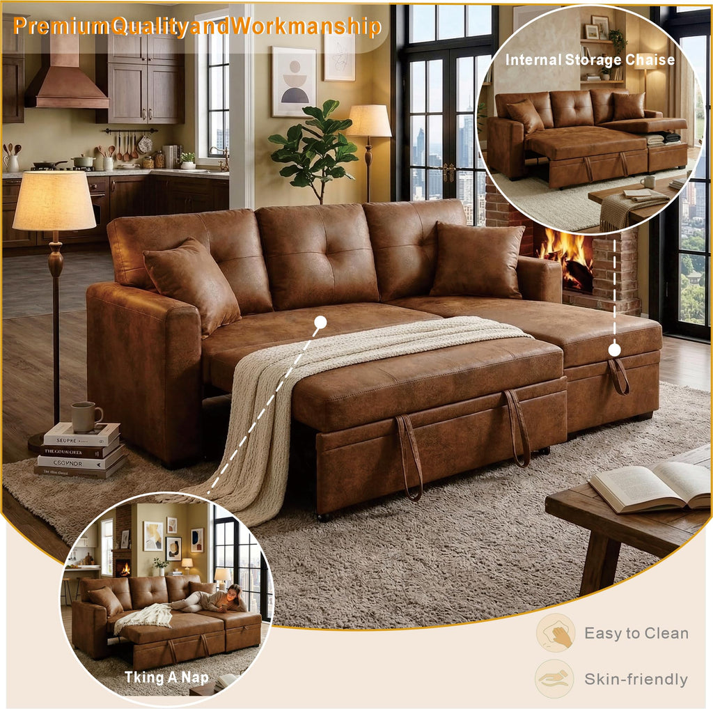 71" L Shaped Sofa with Pull Out Sofa Bed, Sectional Sleeper Sofa with Reversible Chaise, 3 Seater Modular Sectional
