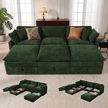 Modular Sofa Couch with Storage, 103" U-Shape Sectional Cloud Couch, Oversized Deep Seat Comfy Fabric Couch (Green