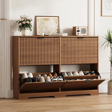 Shoe Cabinet Storage with 4 Flip Drawers, Walnut Fluted Shoe Cabinet with Adjustable Shelves, Wooden Hidden Shoe Rack