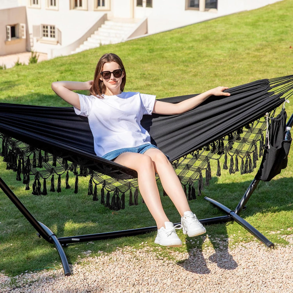 Handmade Tassel Hammocks, Double Hammock with Stand for Outside Indoor Outdoor, Max 450 lbs Capacity, Pillow &