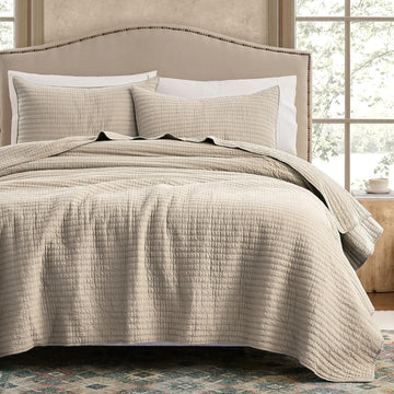 100% Cotton Quilt Set - Beige Neutral Striped Pick Stitch Soft Lightweight Bedspread, Textured Like Linen