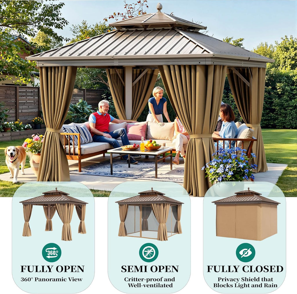 10x10ft Hardtop Gazebo with Nettings and Curtains