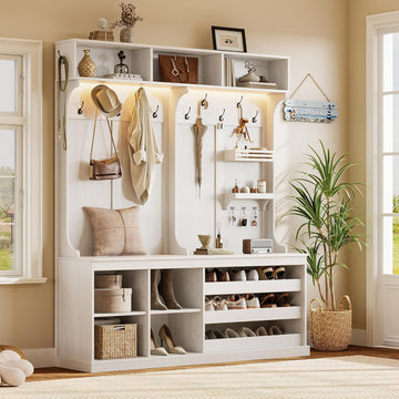 70" Large Hall Tree with Bench and Adjustable Shoe Storage, 6-in-1 Farmhouse Entryway Bench w/Coat Rack, Top Storage