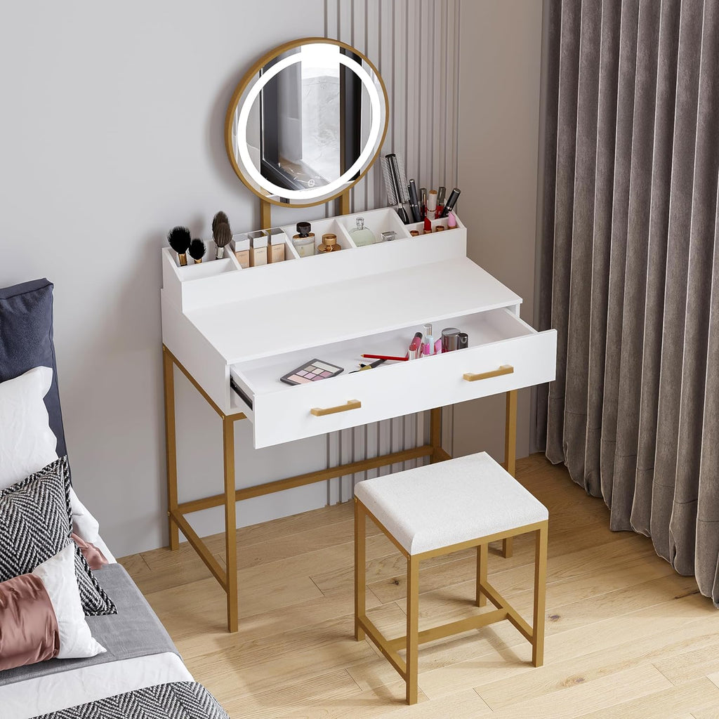 Makeup Vanity Desk with Mirror and Lights, Makeup Vanity Set with Drawers, Small Dressing Up Table, 3 Lighting Modes