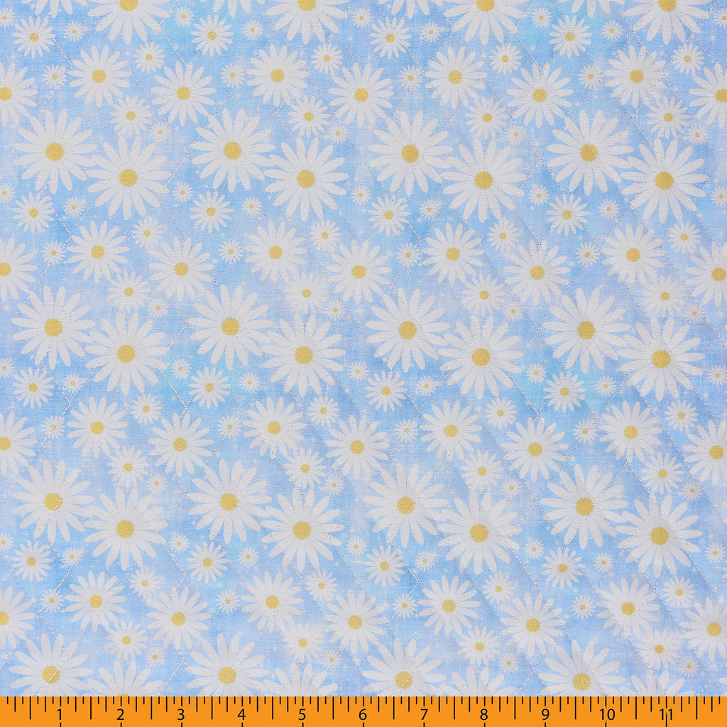 Double Faced Quilted Cotton, Daisy Floral Lt Blue