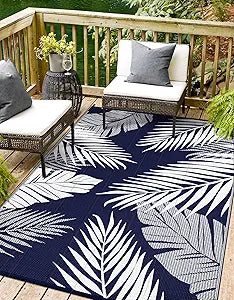 Outdoor Rug, Waterproof Plastic Rugs, 9'x12' Blue White