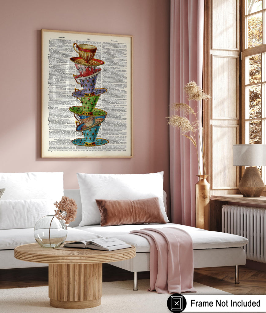 Dictionary Art Poster - Stacked Teacups Print - Victorian Tea-Cup Art - Gift for Him, Her, Men, Women - Perfect Decor
