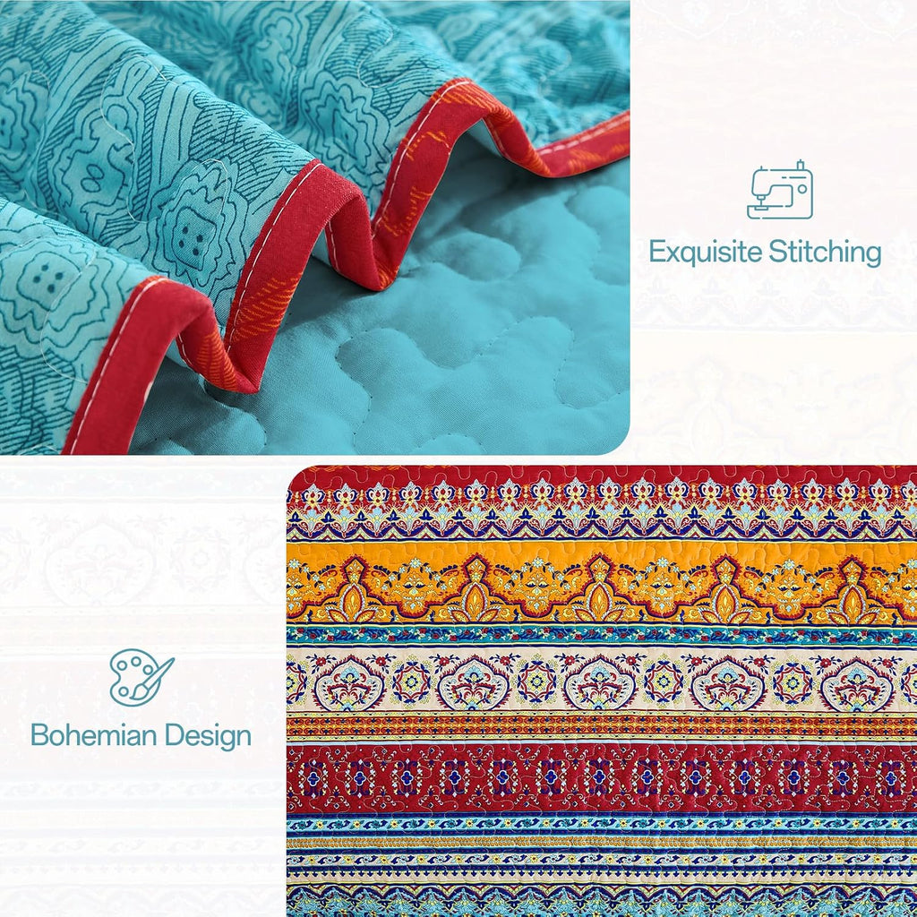 Bohemian Quilt Set, Boho Striped Pattern Quilts Bedspread Set for All Season, Soft Microfiber Bedding Coverlet