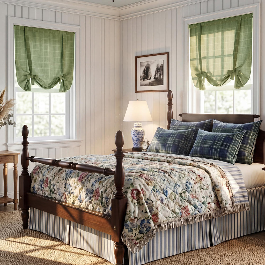 Tie Up Curtains for Windows Plaid Pattern, Linen Blend Roman Shades W46 x L63 in, Vintage Bathroom Curtains Window