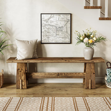 59" Solid Wood Bench, Farmhouse Entryway Bench, Long Retro Bench for End of Bed, Dining Room, Entryway, Hallway