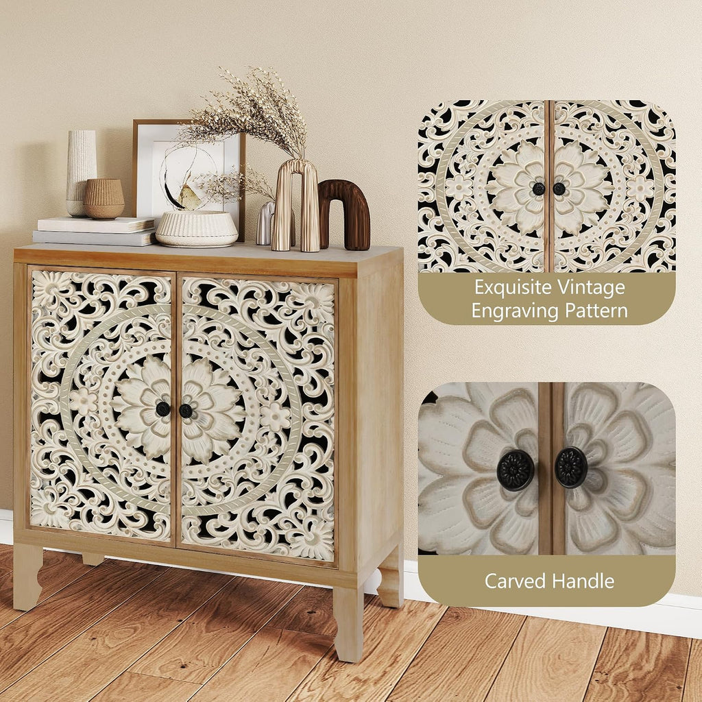 Buffet Cabinet with Storage, Accent Cabinet with 2 Carved Doors, Solid Wood Sideboard with Adjustable Shelf, Vintage