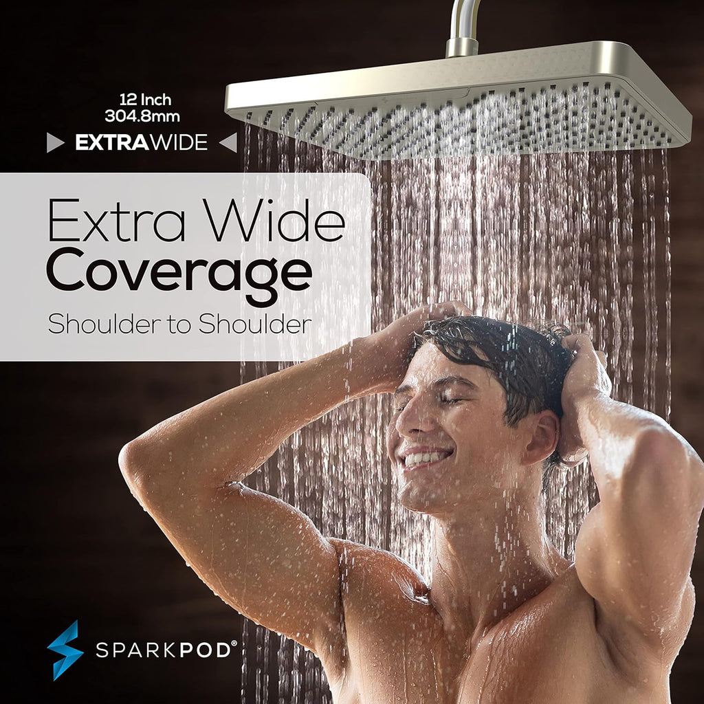 12 Inch Rectangle Rain Shower Head - Ceiling or Wall Mount Rainfall Shower Head - Large Coverage Showerhead
