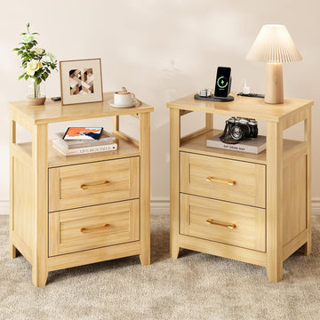Farmhouse Nightstand with Charging Station, Modern End Tables with 2 Drawers & Open Shelf, Outlets, USB Ports and