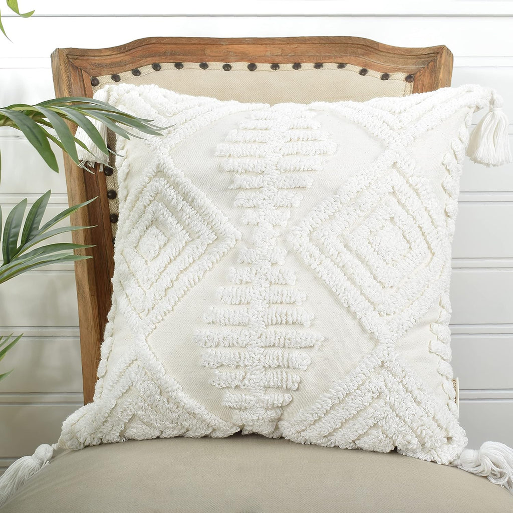 Boho Sofa Throw Pillow Covers - Exquisitely Crafted with Hand-Finished Tuft with Thick Cotton Tassel Details - Soft &