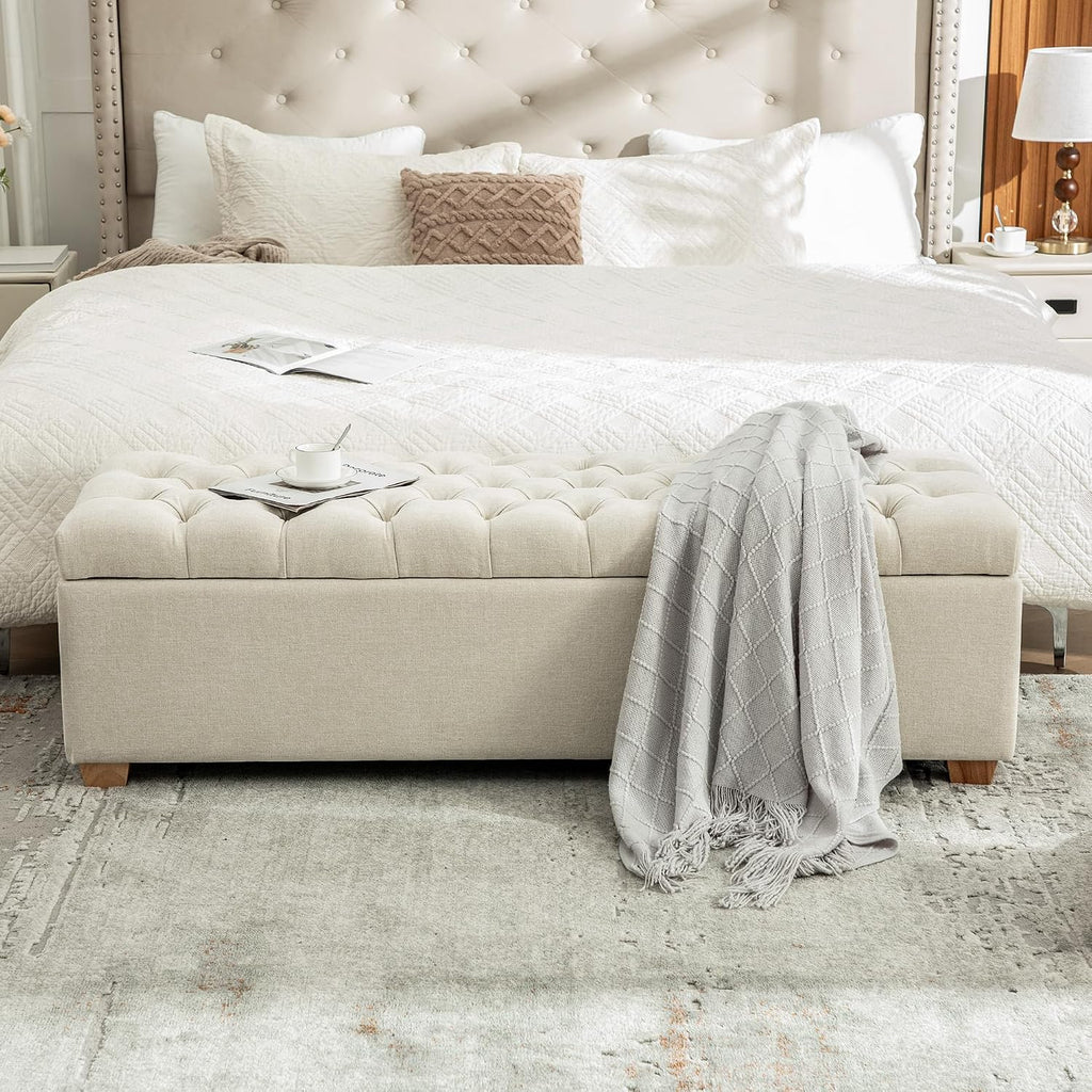 60.2" Storage Bench, End of Bed Storage Benches, Chenille Fabric Upholstered Ottoman Bench with Safety Hinge Entryway
