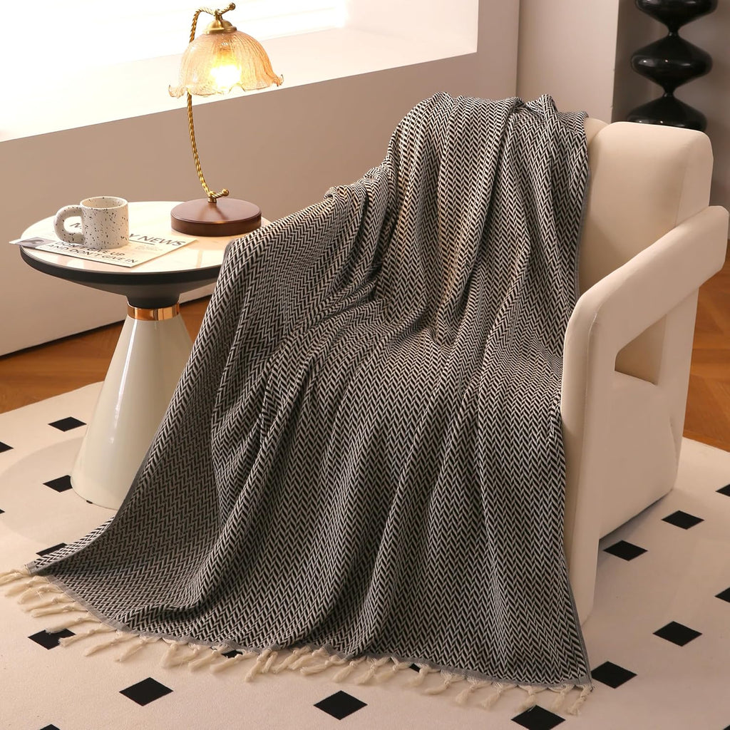 Premium Cotton Light Weight Boho Throw Blanket 50”x60” Gray Black and Off White