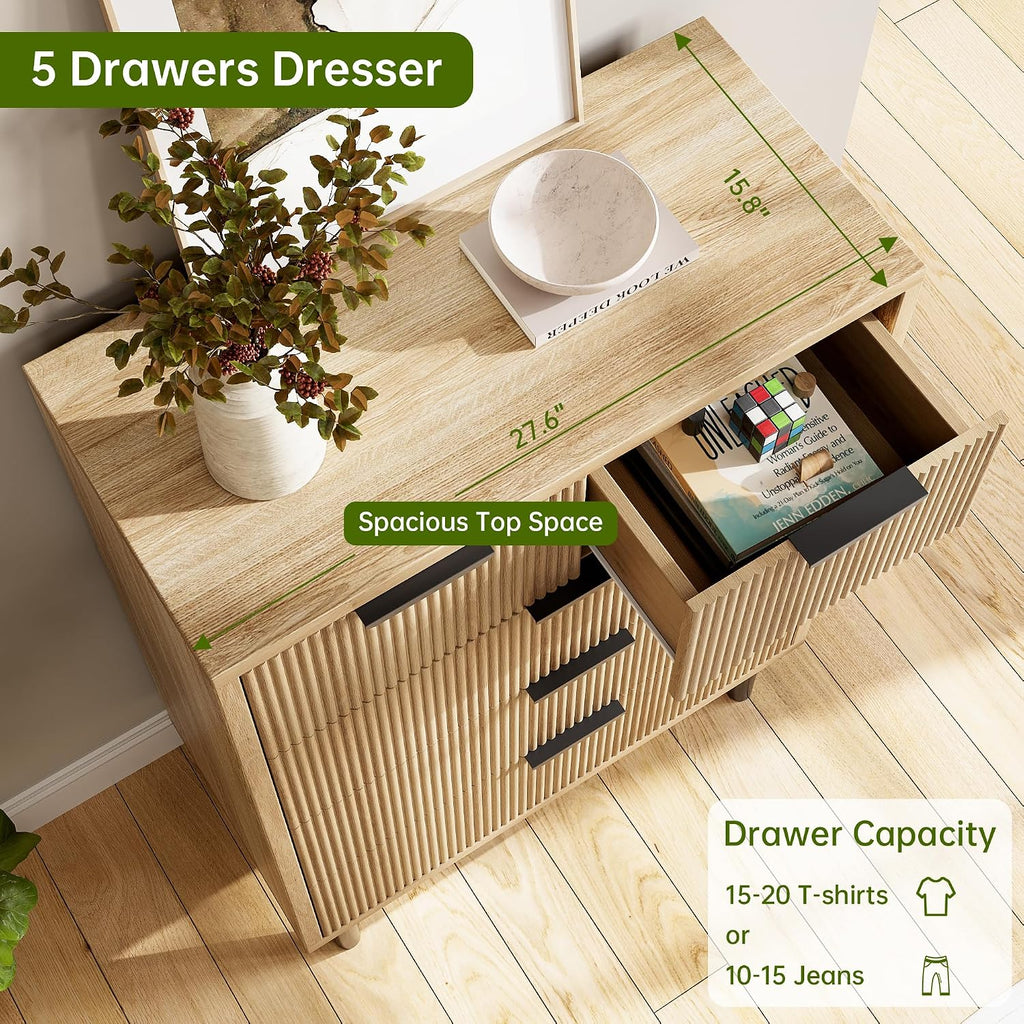 Oak Fluted 5 Drawer Dresser , Modern Wood Chest of Drawers with Wide Drawers, Closet Dresser Organizer with