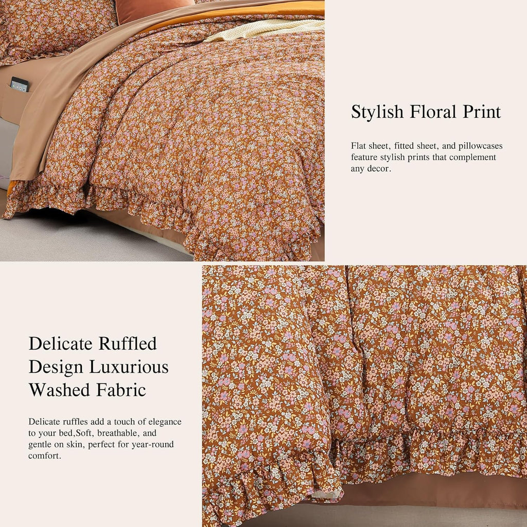 Comforter Set - 7 Pieces Ruffle Brown Bedding Sets, Shabby Chic Farmhouse Bed in a Bag with Ruffle Comforter