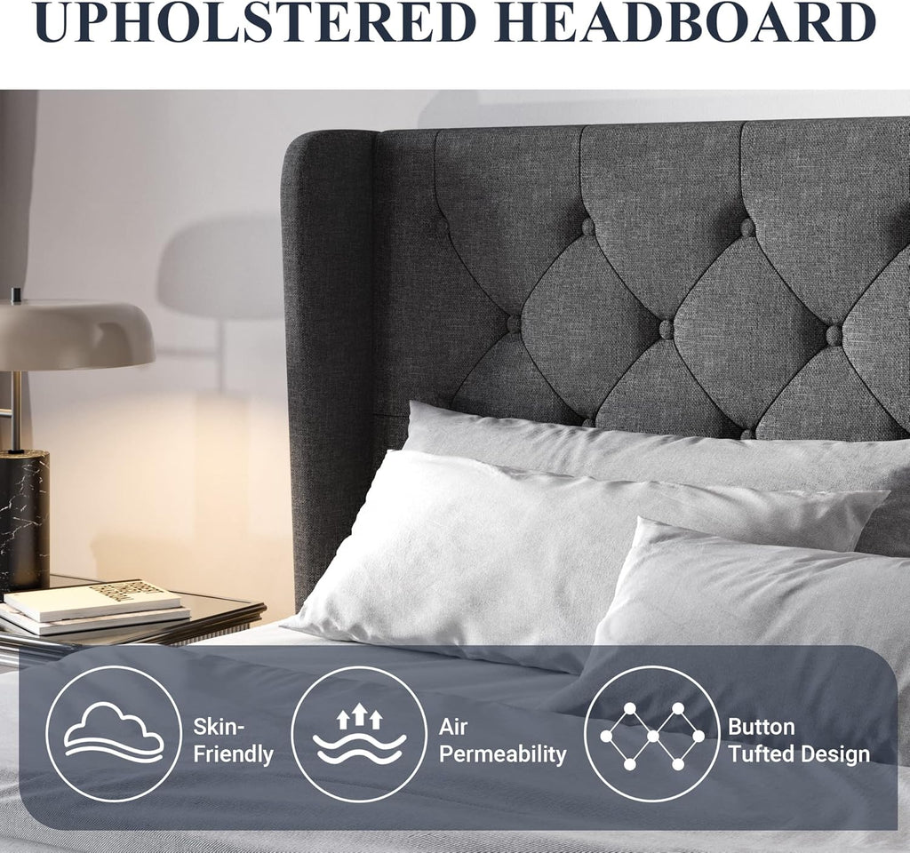 Queen Bed Frame with Button Tufted Wingback Headboard, Upholstered Platform Bed with Wooden Slats Support