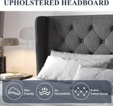 Queen Bed Frame with Button Tufted Wingback Headboard, Upholstered Platform Bed with Wooden Slats Support