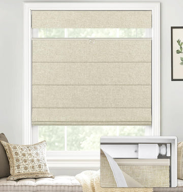 No Drill TDBU Roman Shades, Blackout - Beige| No Tools Top Down Bottom Up Cordless Fabric Blinds for Window, Thermal Insulated UV Blocking for Bedroom & Living Room