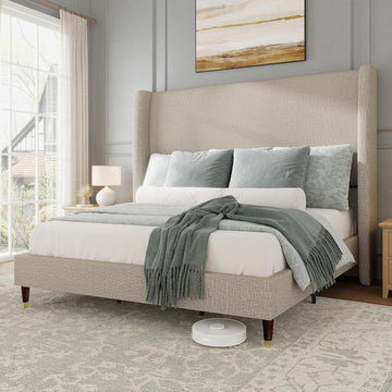 Queen Bed Frame 51.2" Wingback Headboard Linen Upholstered Platform Bed with Solid Wood Legs & Wooden Slats