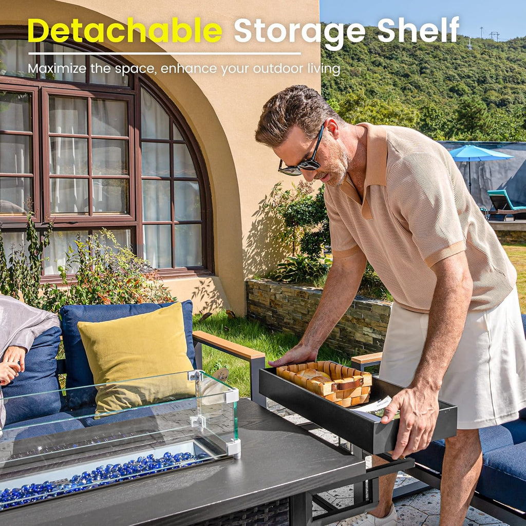 52 Inch Outdoor Fire Pit Table, 50,000 BTU Propane Fire Table with Storage Shelf, Glass Wind Guard and Lid