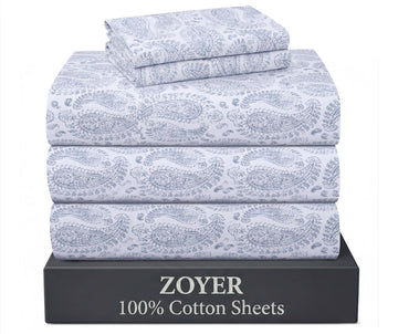 100% Cotton Split King Sheets, Percale Sheet Set, Paisley Imprint