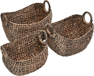 Nellie 3-Piece Hyacinth Boat Wicker Storage Baskets 17", Brown | Farmhouse Classic Handwoven Nesting Design