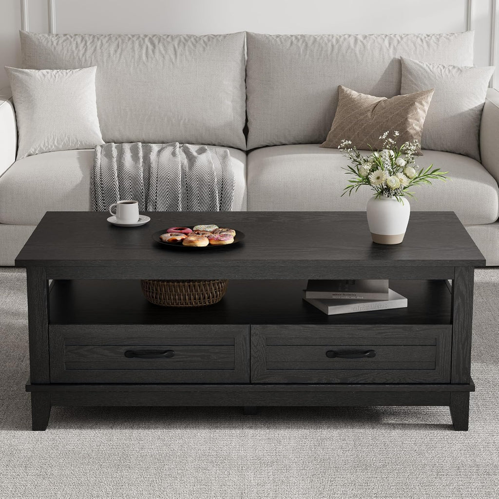 Farmhouse Coffee Table with Drawers, 47.2 in Center Table Rustic Coffee Tables Black Living Room Table