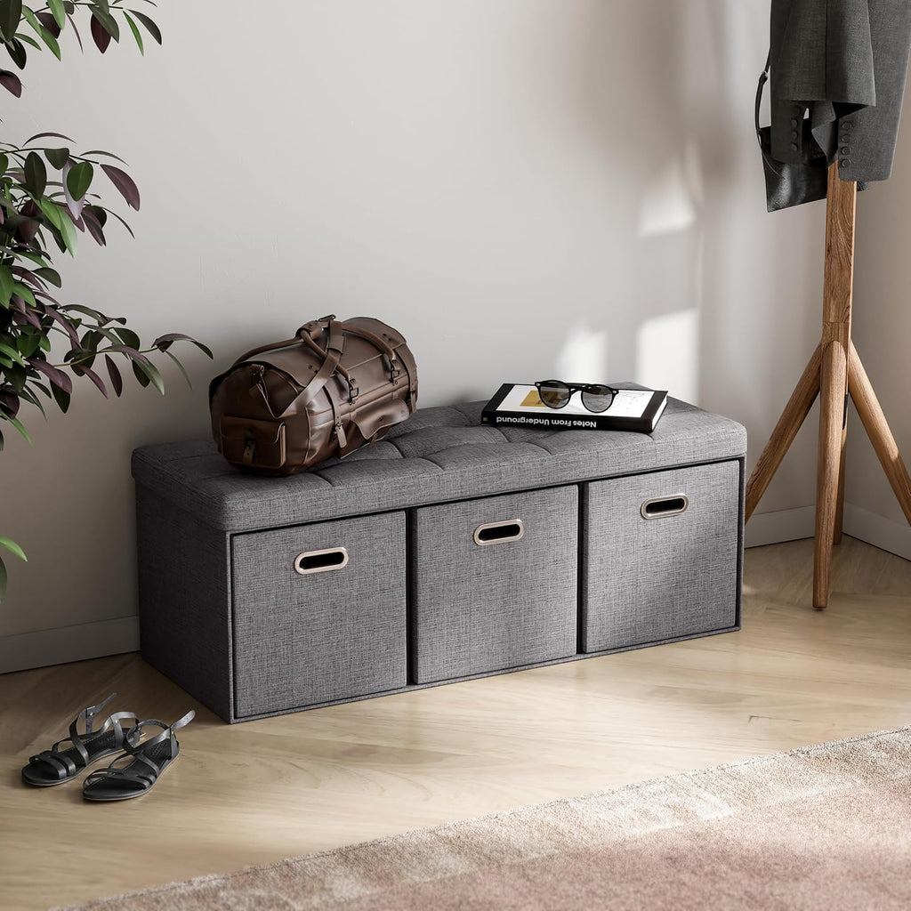 40 Inch Storage Ottoman with 3 Drawers, Tufted Linen, Dark Gray | Foldable Large Bench Design; Foot Rest Stool Seat;
