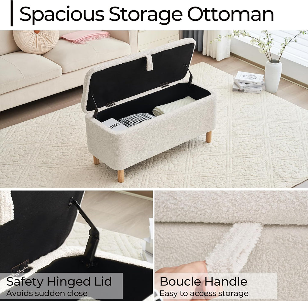 Boucle Storage Ottoman Bench end of Bed, Sherpa Upholstered Shoe Seat Storage Bench Bed Foot, Rectangle Cushion