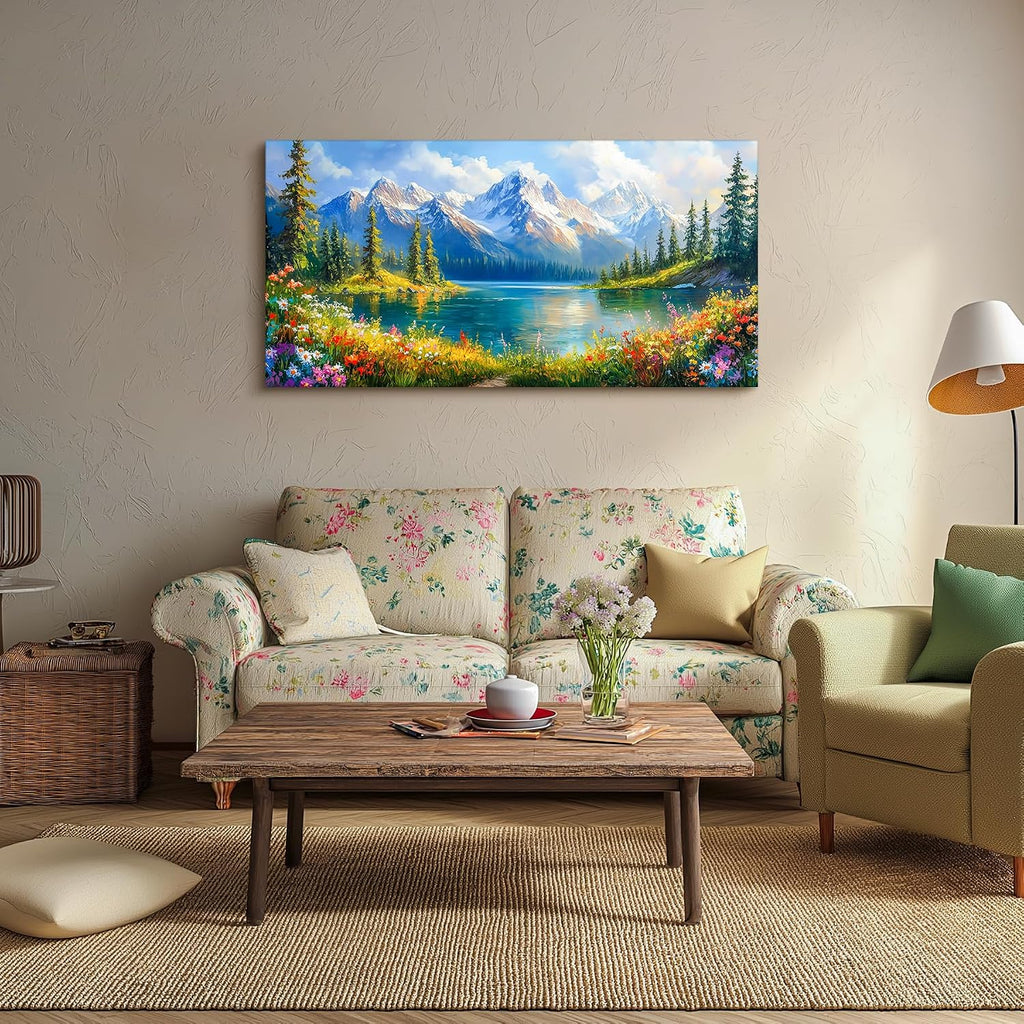 Lake Landscape Wall Art, Snow Mountain Forest Extra Large Artwork, Nature Yosemite Sunny Paintings, Wildflower