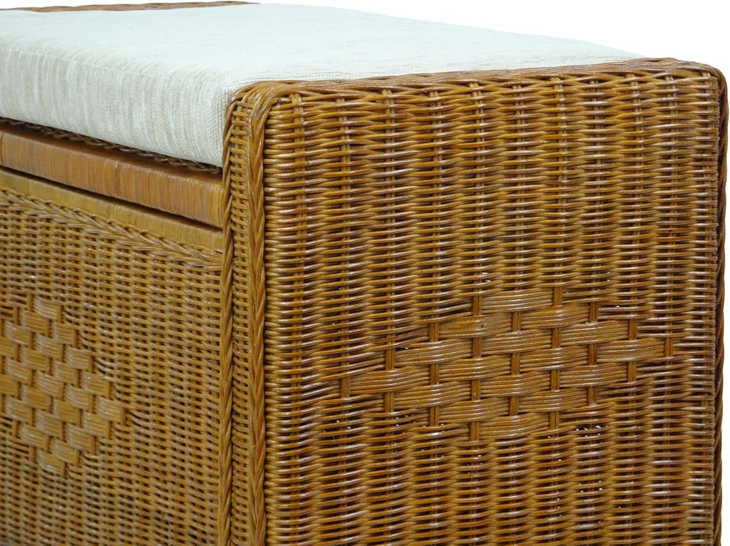Bruno Handmade 32 Inch Rattan Wicker Chest Storage Trunk Organizer Ottoman W/Cushion Colonial