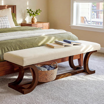 48-Inch Upholstered Bench, Solid Wood Entryway Bench with Soft Cushion, Mid-Century Accent Furniture for End of Bed