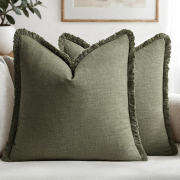 Decorative Throw Pillow Covers Neutral Linen Fringe Throw Pillows Set of 2 Olive Green Boho Farmhouse Cushion Covers