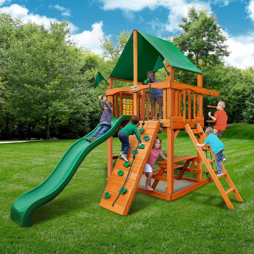 01-0061-AP-1 Chateau Tower Wooden Playset with Amber Posts, Slide, Climbing Wall, & Deluxe Green Vinyl Canopy
